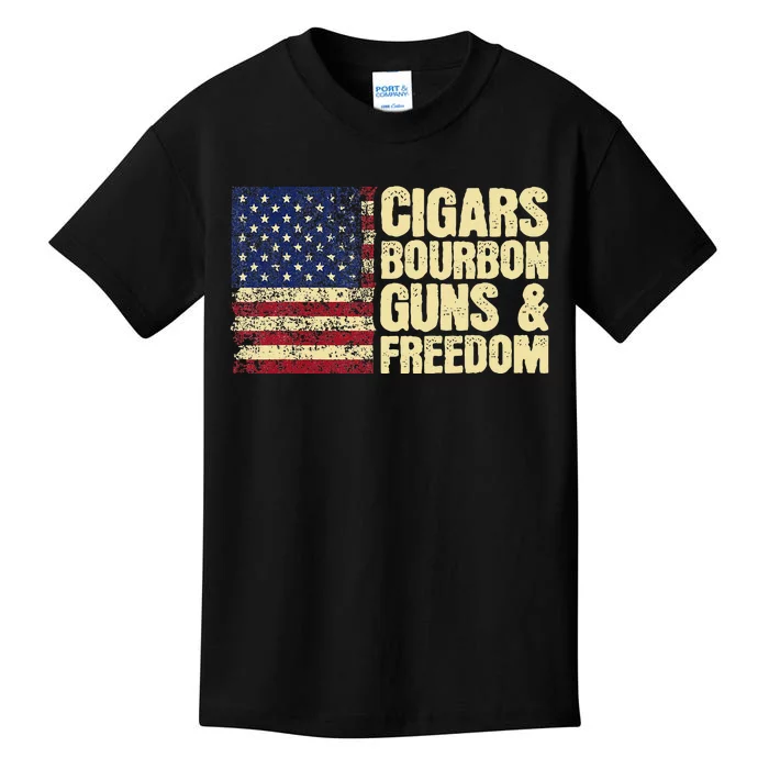 Cigars Bourbon Guns And Freedom American Flag Kids T-Shirt