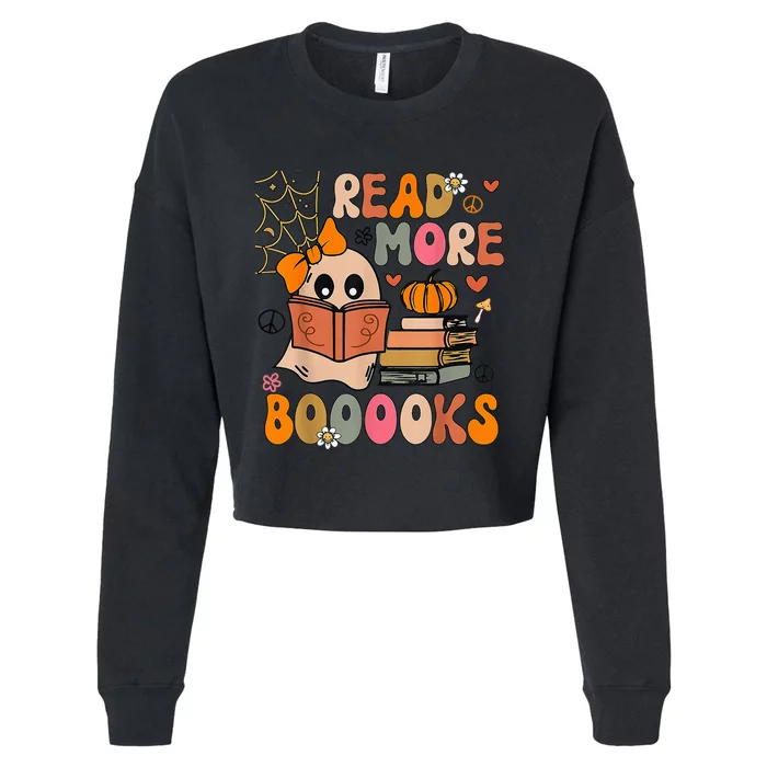 Cute Booooks Ghost Read More Books Funny Teacher Halloween Cropped Pullover Crew