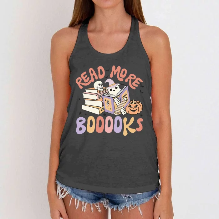 Cute Booooks Ghost Read More Books Funny Teacher Halloween Women's Knotted Racerback Tank