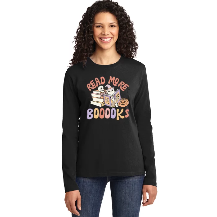 Cute Booooks Ghost Read More Books Funny Teacher Halloween Ladies Long Sleeve Shirt