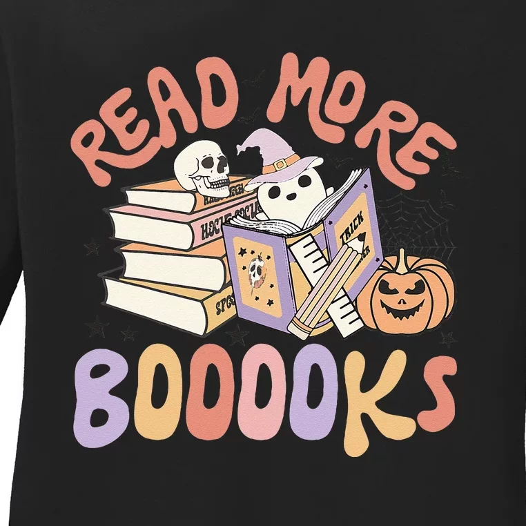 Cute Booooks Ghost Read More Books Funny Teacher Halloween Ladies Long Sleeve Shirt