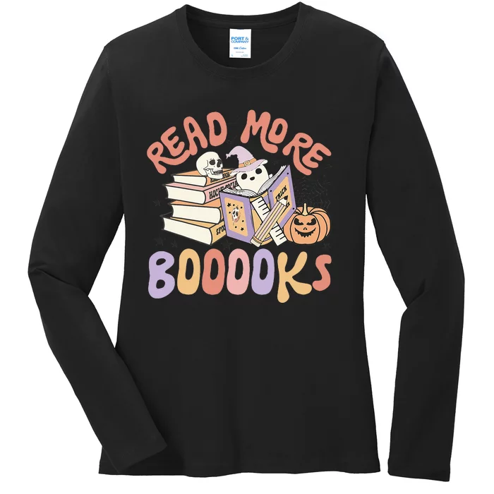 Cute Booooks Ghost Read More Books Funny Teacher Halloween Ladies Long Sleeve Shirt