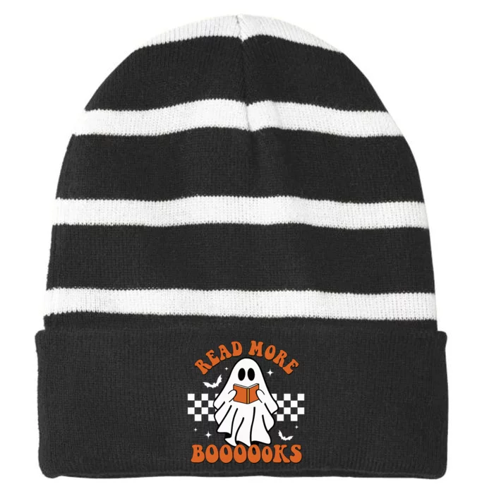 Cute Booooks Ghost Read More Books Funny Teacher Halloween Striped Beanie with Solid Band