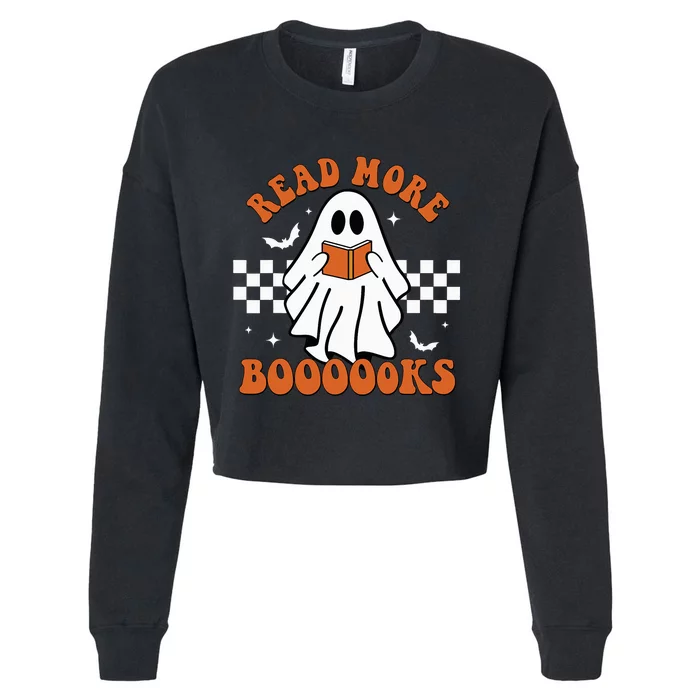 Cute Booooks Ghost Read More Books Funny Teacher Halloween Cropped Pullover Crew