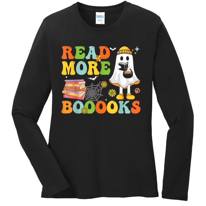 Cute Booooks Ghost Read More Books Funny Teacher Halloween Ladies Long Sleeve Shirt