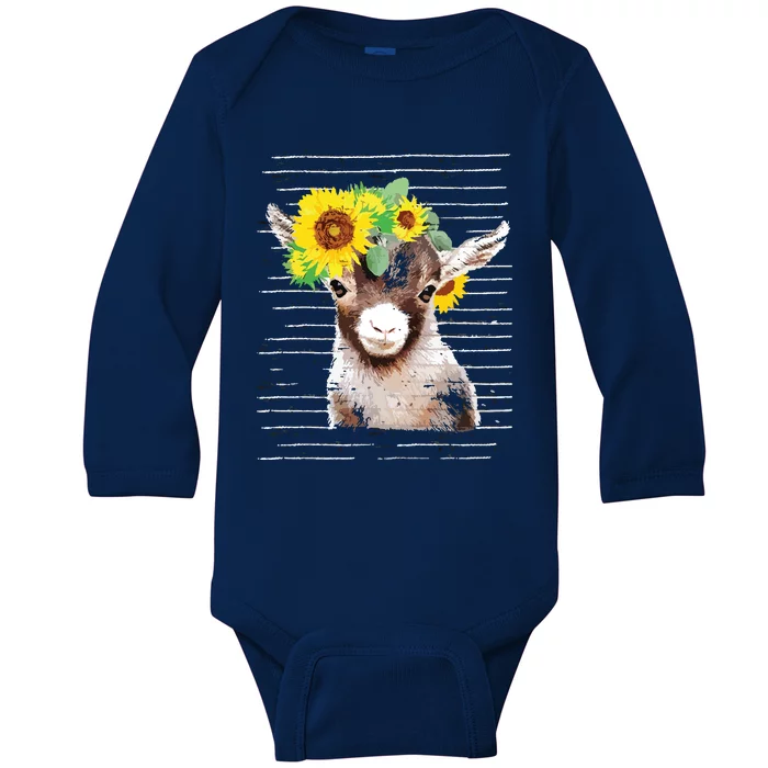 Cute Baby Goat Sunflower Vintage Retro Goat Sun Flower Baby Long Sleeve Bodysuit