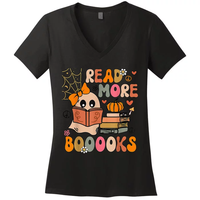 Cute Booooks Ghost Read More Books Funny Teacher Halloween Women's V-Neck T-Shirt