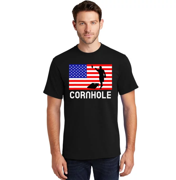 Cornhole Board Game Women American Flag Corn Hole Player Tall T-Shirt