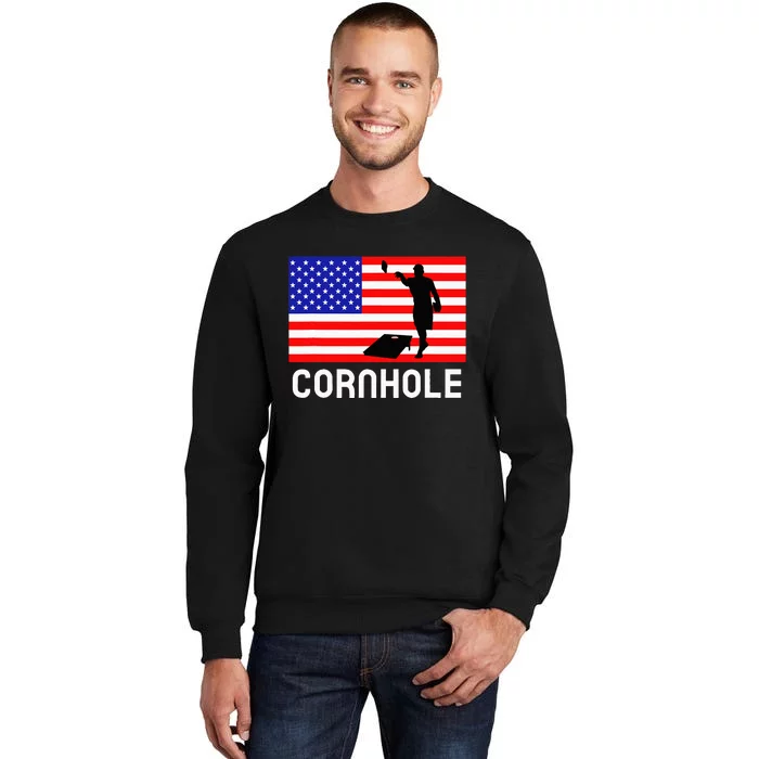 Cornhole Board Game Women American Flag Corn Hole Player Tall Sweatshirt