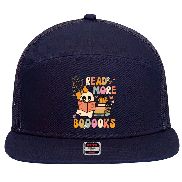 Cute Booooks Ghost Read More Books Funny Teacher Halloween 7 Panel Mesh Trucker Snapback Hat