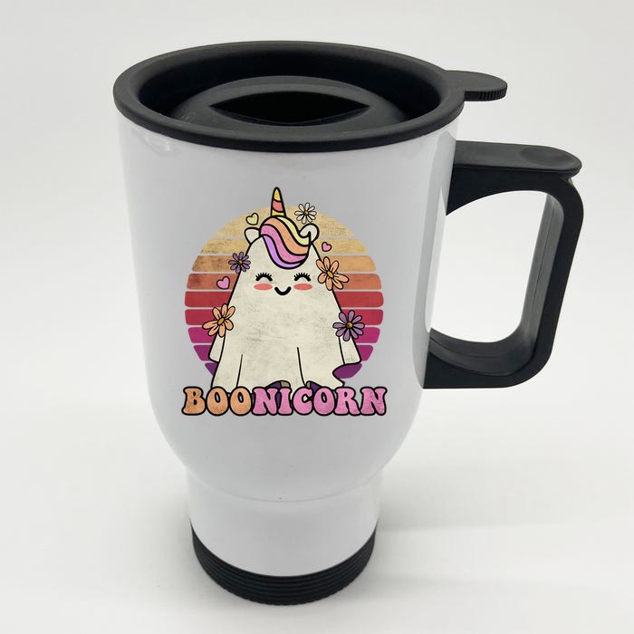 Cute Boonicorn Ghost Pink Bangs Unicorn Boo Groovy Halloween Gift Front & Back Stainless Steel Travel Mug