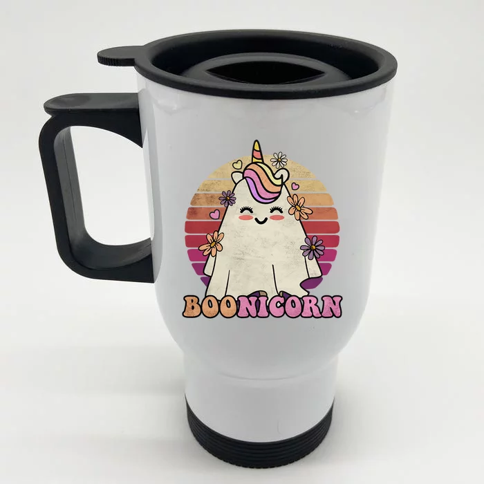 Cute Boonicorn Ghost Pink Bangs Unicorn Boo Groovy Halloween Gift Front & Back Stainless Steel Travel Mug