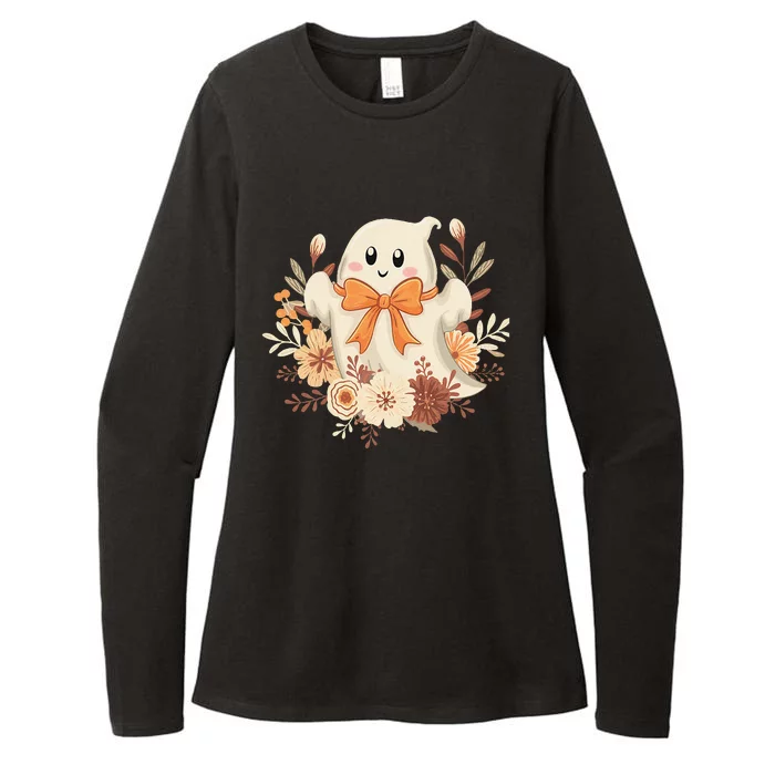 Coquette Bow Ghost Halloween Flower Ghost Spooky Lace Ghost Womens CVC Long Sleeve Shirt