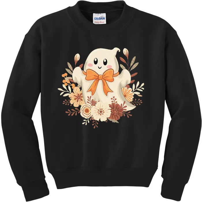 Coquette Bow Ghost Halloween Flower Ghost Spooky Lace Ghost Kids Sweatshirt