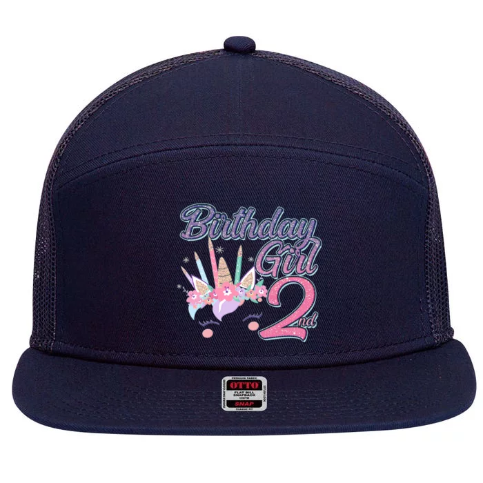 Cute Birthday Girl Second 2nd Birthday Unicorn 7 Panel Mesh Trucker Snapback Hat