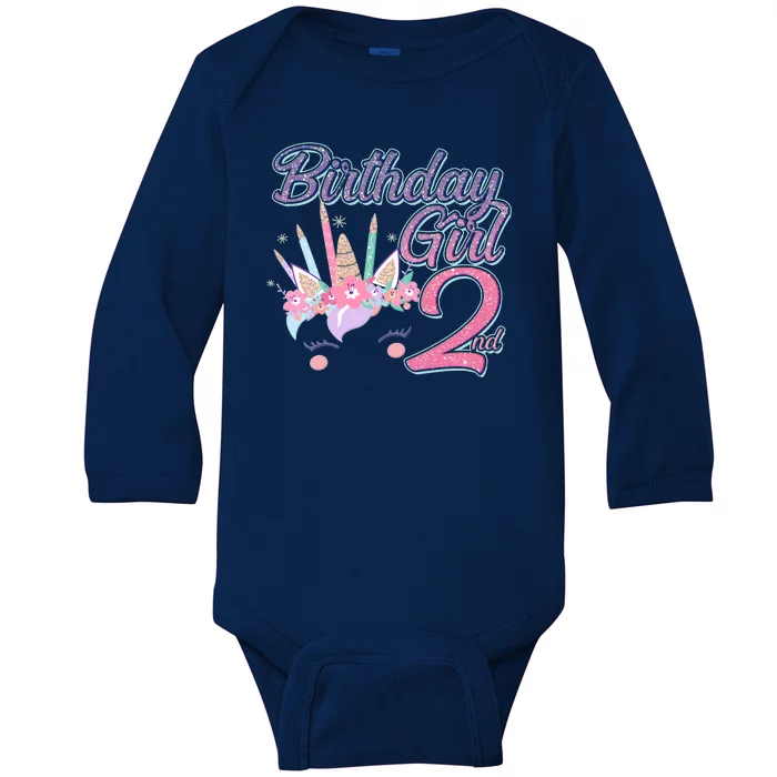 Cute Birthday Girl Second 2nd Birthday Unicorn Baby Long Sleeve Bodysuit