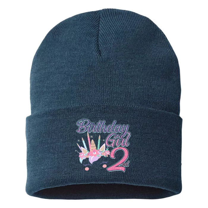 Cute Birthday Girl Second 2nd Birthday Unicorn Sustainable Knit Beanie