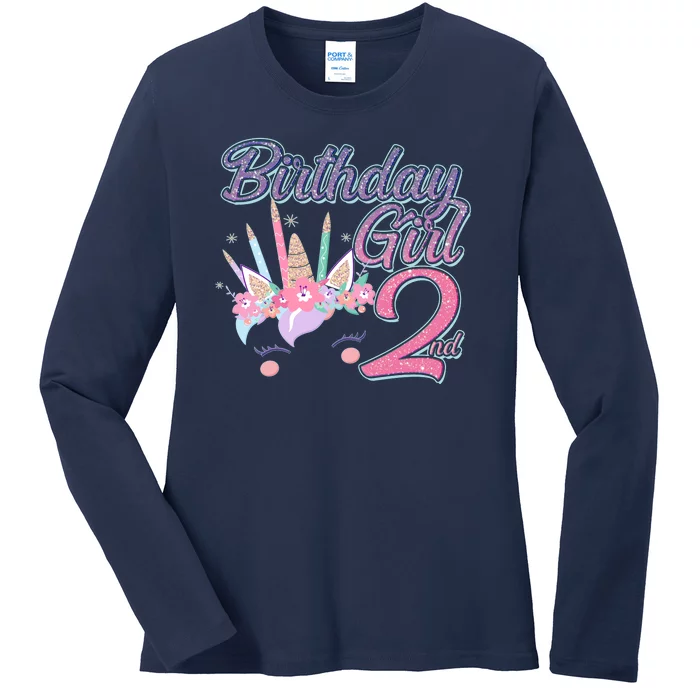 Cute Birthday Girl Second 2nd Birthday Unicorn Ladies Long Sleeve Shirt