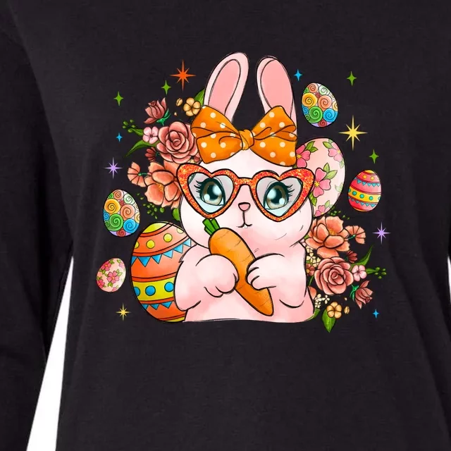 Cute Bunny Glasses Easter Day Gift Easter Egg Womens Cotton Relaxed Long Sleeve T-Shirt