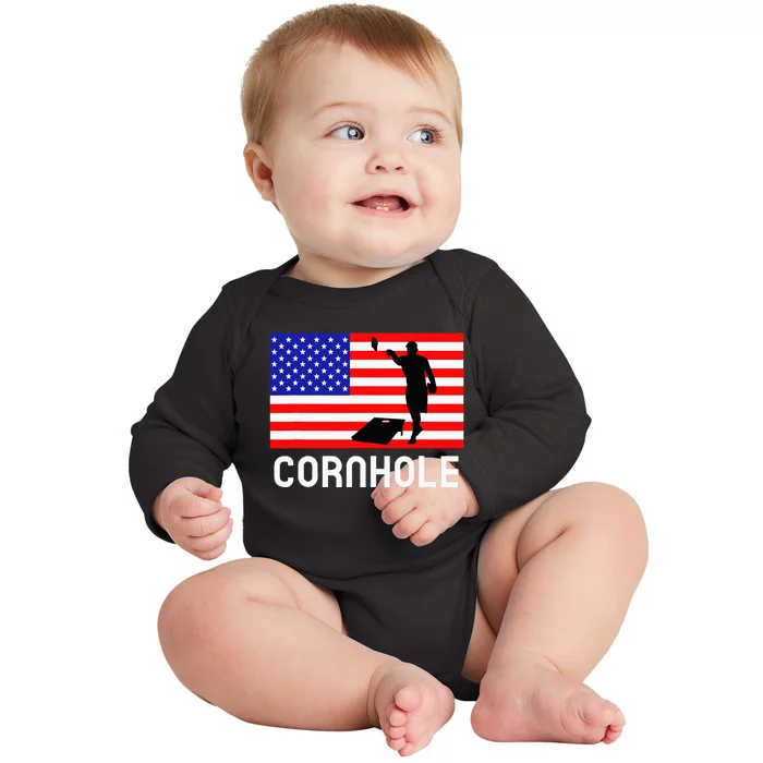 Cornhole Board Game American Flag Corn Hole Player Baby Long Sleeve Bodysuit