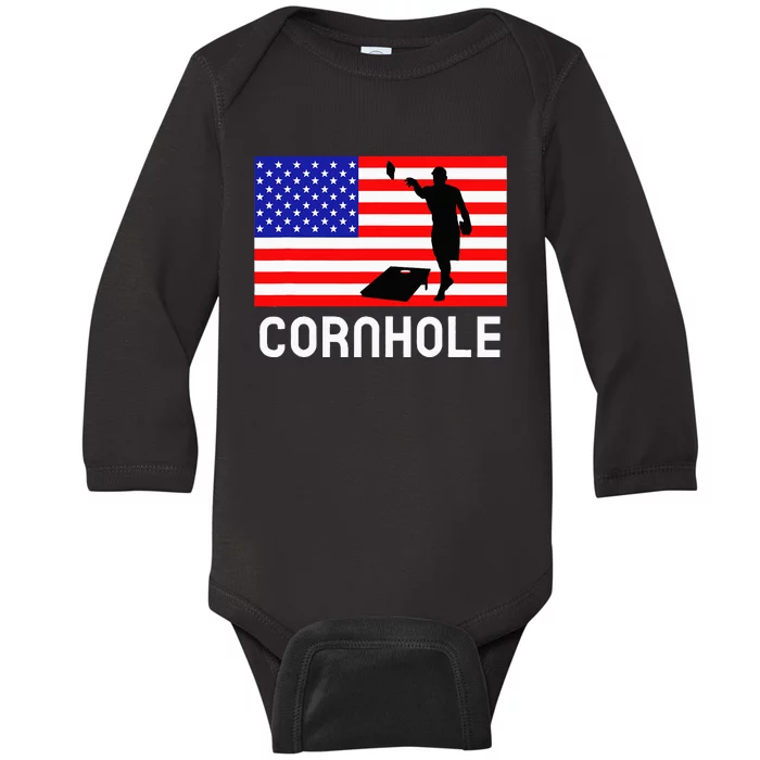 Cornhole Board Game American Flag Corn Hole Player Baby Long Sleeve Bodysuit