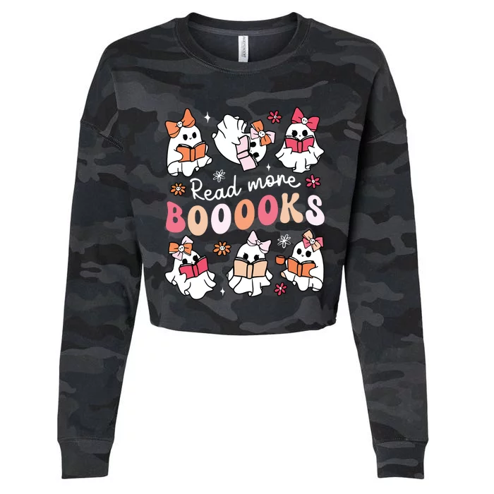 Cute Booooks Ghost Read More Books Library Halloween Teacher Cropped Pullover Crew