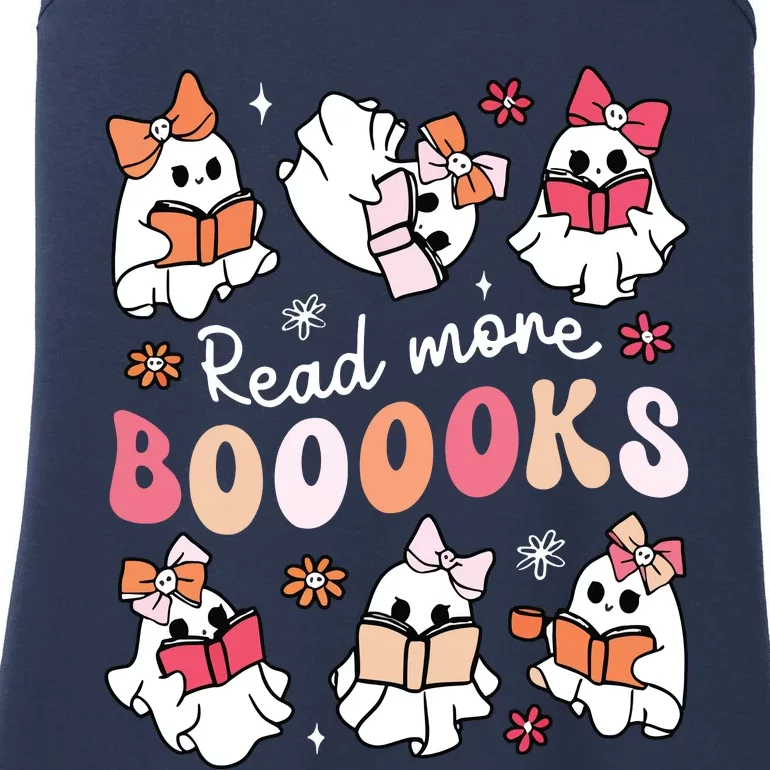 Cute Booooks Ghost Read More Books Library Halloween Teacher Ladies Essential Tank