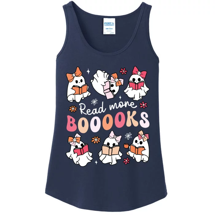 Cute Booooks Ghost Read More Books Library Halloween Teacher Ladies Essential Tank