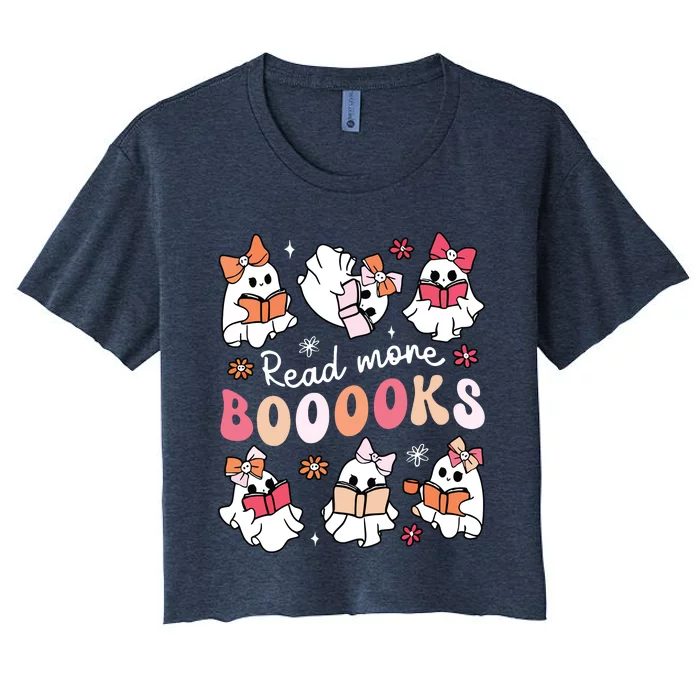 Cute Booooks Ghost Read More Books Library Halloween Teacher Women's Crop Top Tee