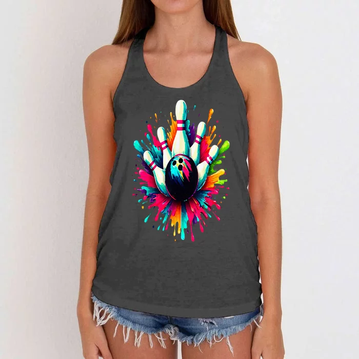 Colorful Bowling Game Day Bowling Cute Colorsplash Ball Women's Knotted Racerback Tank