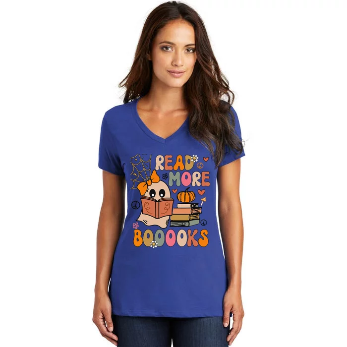 Cute Booooks Ghost Read More Books Funny Teacher Halloween Women's V-Neck T-Shirt