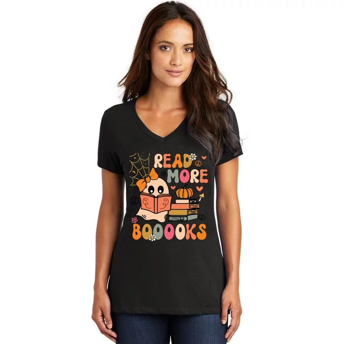 Cute Booooks Ghost Read More Books Funny Teacher Halloween Women's V-Neck T-Shirt