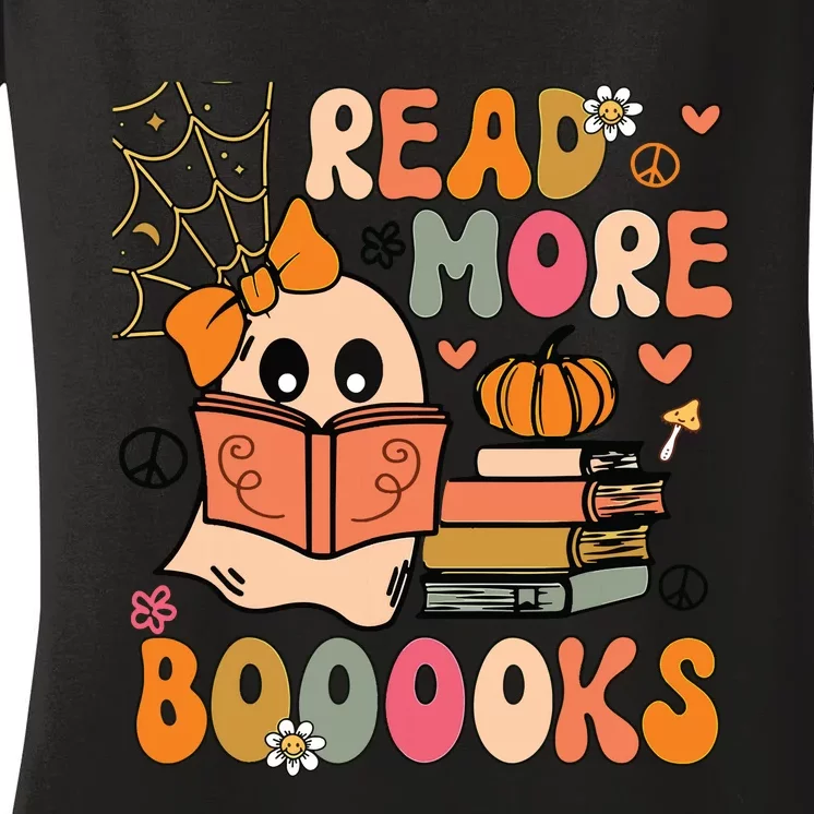 Cute Booooks Ghost Read More Books Funny Teacher Halloween Women's V-Neck T-Shirt