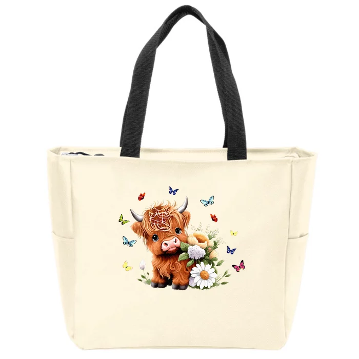 Cute Baby Highland Cow With Flowers Calf Animal Spring Zip Tote Bag