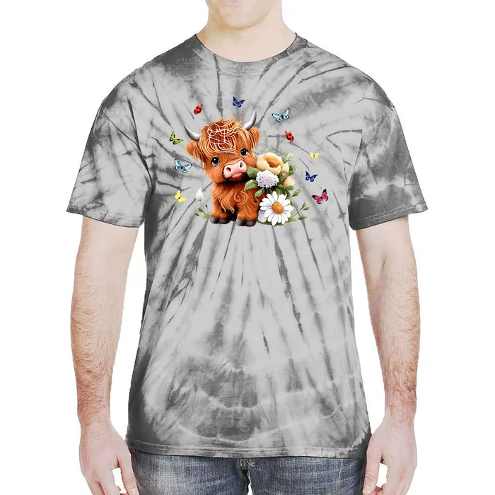 Cute Baby Highland Cow With Flowers Calf Animal Spring Tie-Dye T-Shirt