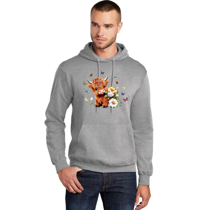 Cute Baby Highland Cow With Flowers Calf Animal Spring Tall Hoodie