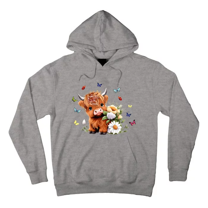 Cute Baby Highland Cow With Flowers Calf Animal Spring Tall Hoodie