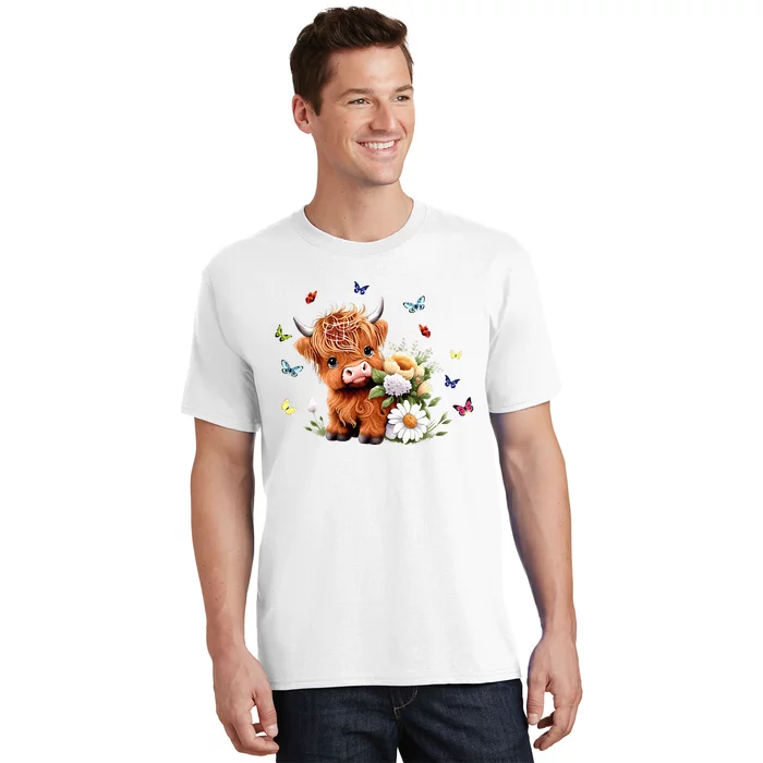 Cute Baby Highland Cow With Flowers Calf Animal Spring T-Shirt