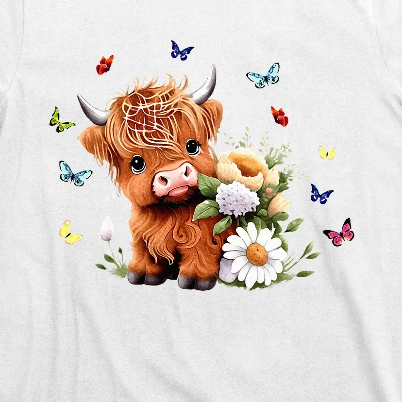 Cute Baby Highland Cow With Flowers Calf Animal Spring T-Shirt