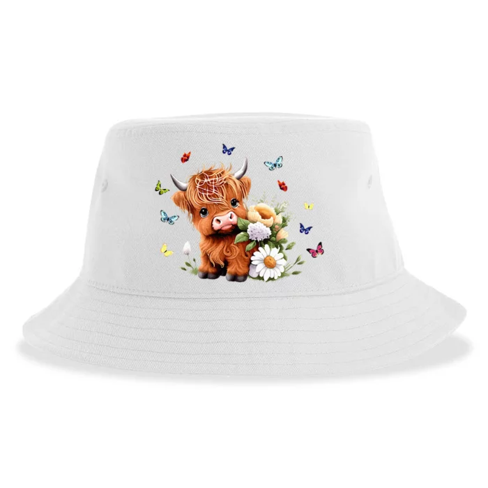 Cute Baby Highland Cow With Flowers Calf Animal Spring Sustainable Bucket Hat