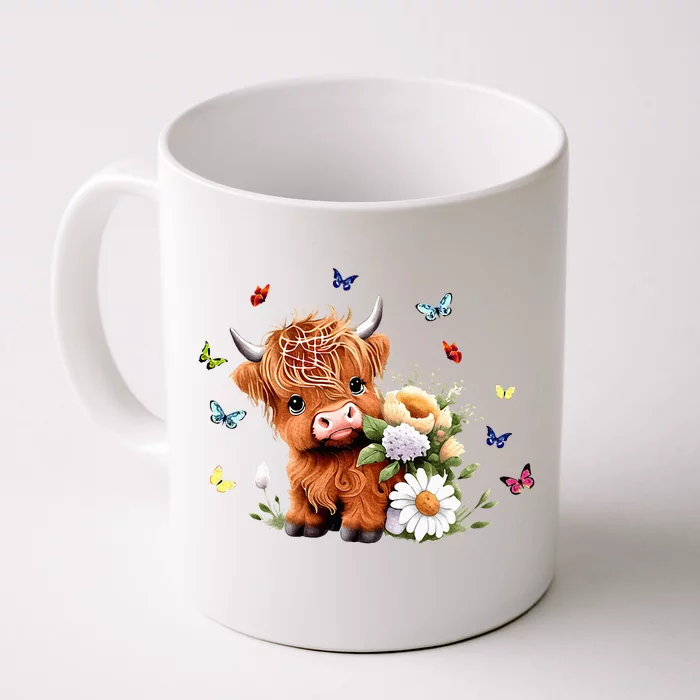 Cute Baby Highland Cow With Flowers Calf Animal Spring Front & Back Coffee Mug