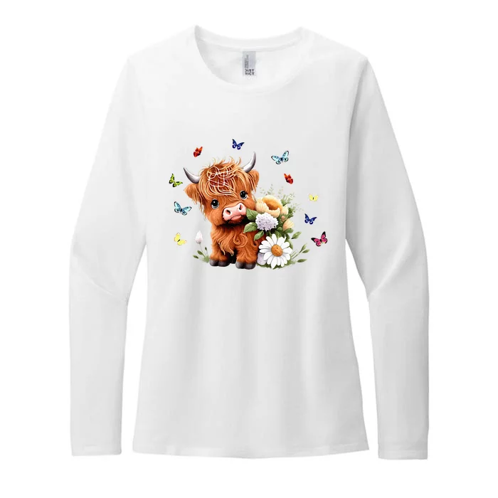 Cute Baby Highland Cow With Flowers Calf Animal Spring Womens CVC Long Sleeve Shirt