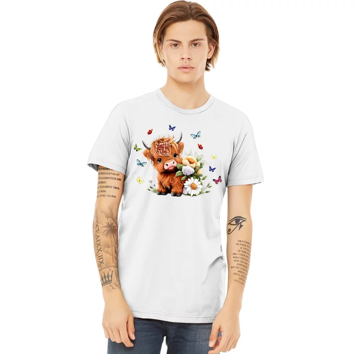 Cute Baby Highland Cow With Flowers Calf Animal Spring Premium T-Shirt