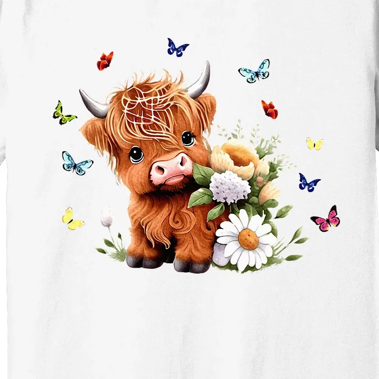 Cute Baby Highland Cow With Flowers Calf Animal Spring Premium T-Shirt