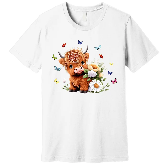 Cute Baby Highland Cow With Flowers Calf Animal Spring Premium T-Shirt