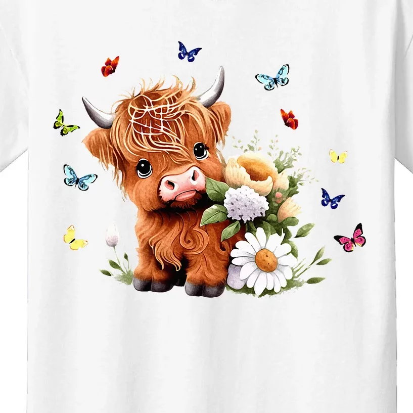 Cute Baby Highland Cow With Flowers Calf Animal Spring Kids T-Shirt