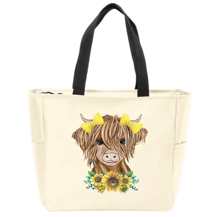 Cute Baby Highland Cow With Sunflowers Calf Animal Farm Zip Tote Bag