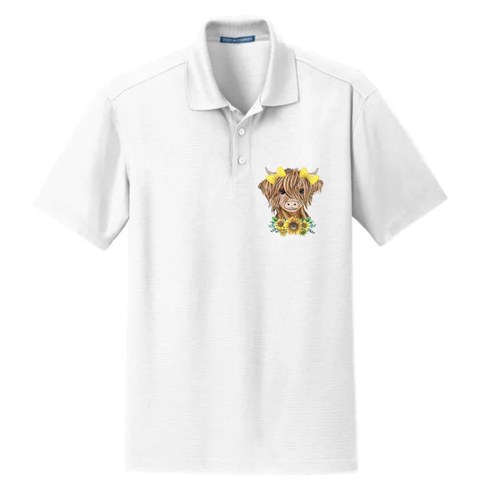 Cute Baby Highland Cow With Sunflowers Calf Animal Farm Dry Zone Grid Performance Polo