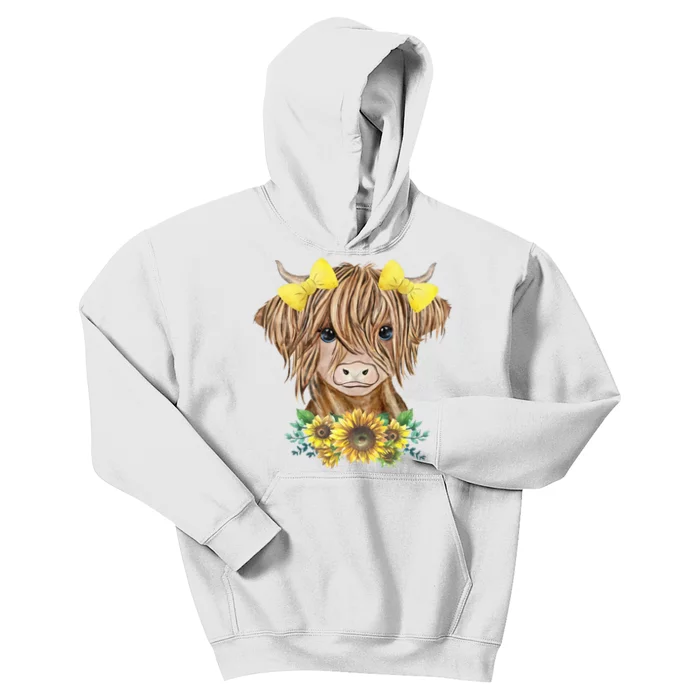 Cute Baby Highland Cow With Sunflowers Calf Animal Farm Kids Hoodie