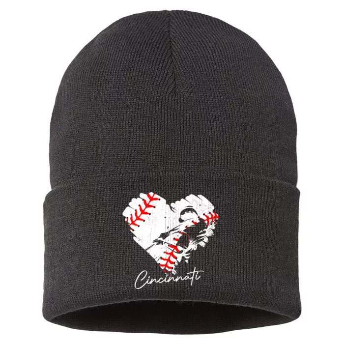 Cincinnati Baseball Heart Distressed Vintage Baseball Fans Sustainable Knit Beanie